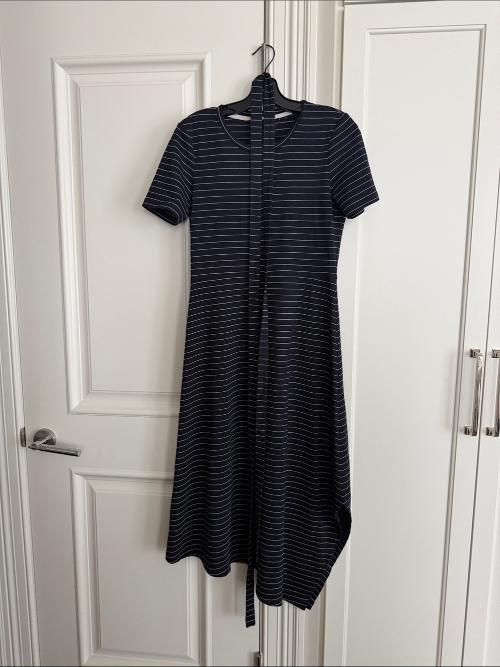 Club Monaco Navy and White Striped Asymmetrical Midi Dress